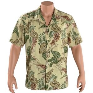 Howie Hawaiian Aloha‎ Shirt XL Floral Tropical Leaves Green Brown Pale Yellow